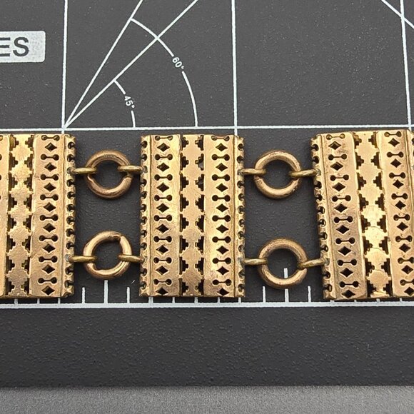 VTG Solid Copper Panel Link Bracelet 7" Geometric Cutout Designs Hook Clasp 50s - Picture 12 of 14